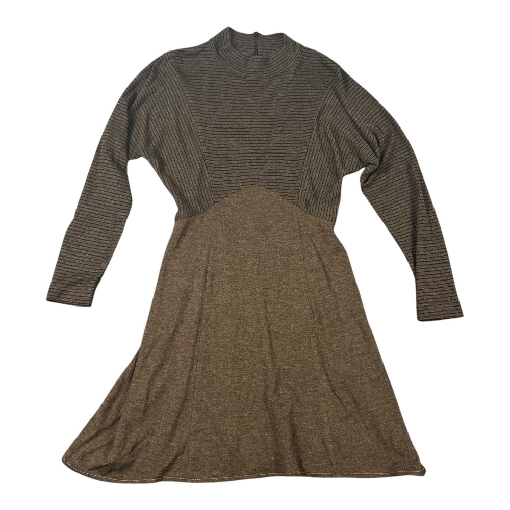 Coldwater Creek Brown Striped Ribbed Mock Neck A-Line Midi Dress Womens Medium